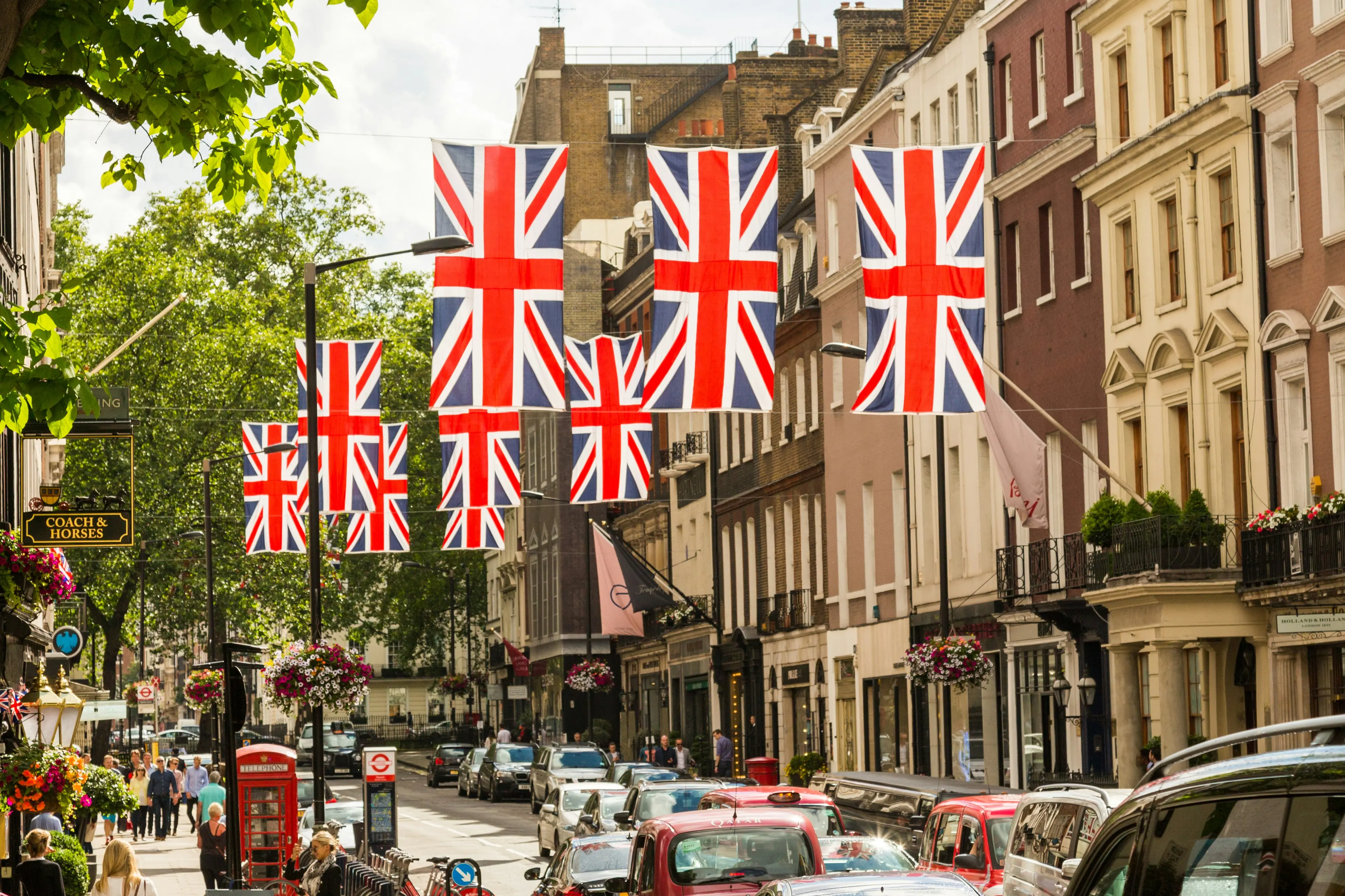 London street with british flags overhead